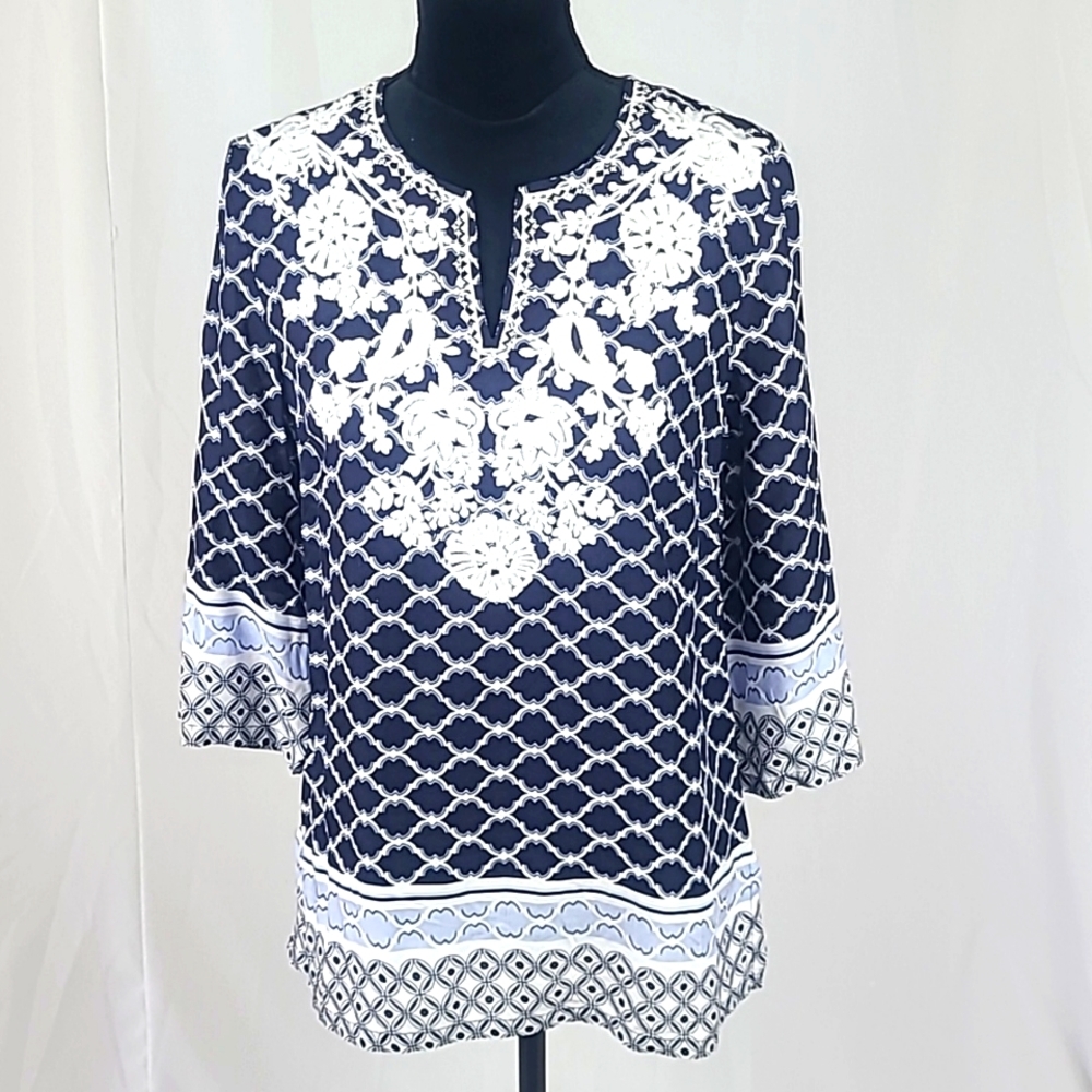 Charter Club‎ women PM linen intrpd blouse 3/4 sleeve semi sheer bloomcore artsy